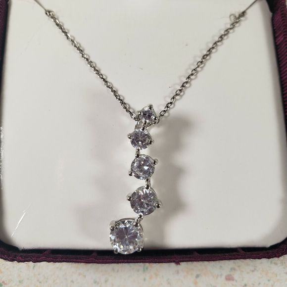 Danecraft Sterling Silver Swerved Drop CZ Stones Pendant 18 in. Chain New in Box - Picture 1 of 4